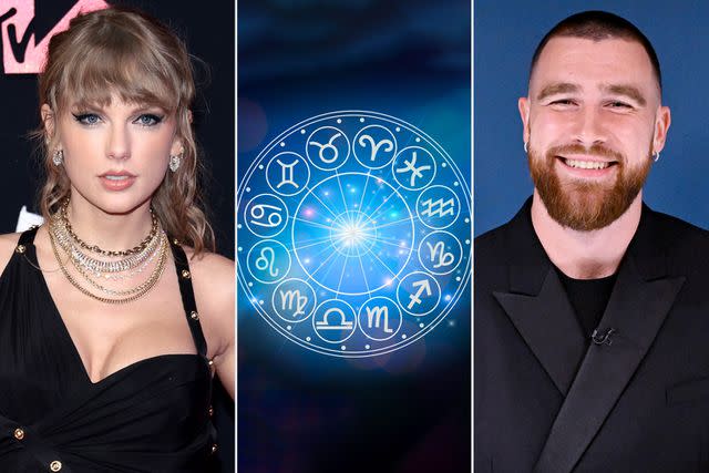 <p>Dimitrios Kambouris/Getty; Getty; Todd Owyoung/NBC via Getty</p> Taylor Swift and Travis Kelce astrology.