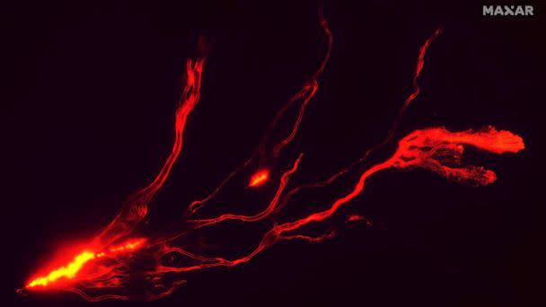 PHOTO: A satellite image shows lava flowing from Hawaii's Mauna Loa Volcano in Hawaii, Nov. 28, 2022. (Maxar Technologies via Reuters)