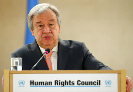 U.N. Secretary-General Antonio Guterres addresses the Human Rights Council at the United Nations in Geneva, Switzerland February 26, 2018. REUTERS/Denis Balibouse