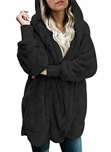 5) Dokotoo Womens Casual Fashion Loose Ladies Solid Fuzzy Winter Fall Open Front Long Sleeve Fluffy Hoodies Fleece Cardigans Sweaters Jackets Coats Outerwear Black X-Large