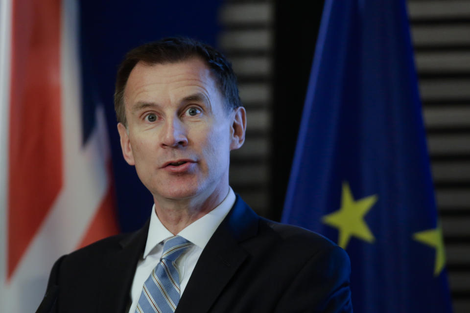 British Foreign Secretary Jeremy Hunt delivers a speech about Britain and Europe at the Konrad-Adenauer-Foundation in Berlin, Germany, Wednesday, Feb. 20, 2019. (AP Photo/Markus Schreiber)