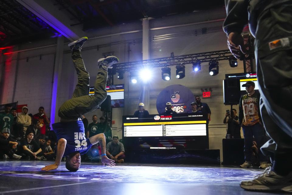 Alexander Diaz, also known as B-Boy El Nino, competes during the Breaking for Gold Big Apple breakdancing regional competition Saturday, April 22, 2023, in the Brooklyn borough of New York. The hip-hop dance form makes its official debut at the Paris Games in 2024. (AP Photo/Frank Franklin II)