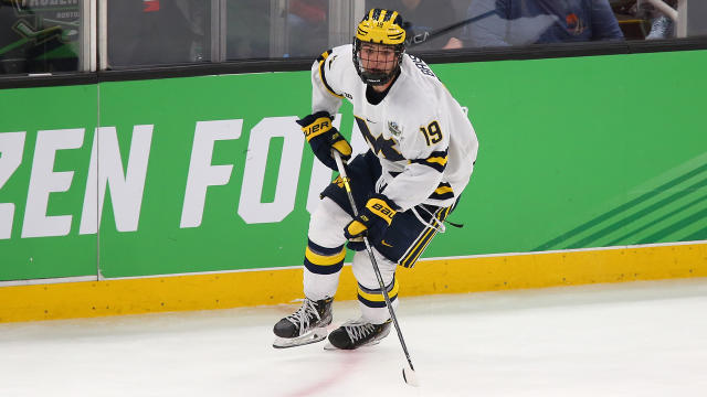Golden Knights prospect Brendan Brisson (19) in action for the Michigan Wolverines. (Photo by M. Anthony Nesmith/Icon Sportswire via Getty Images)