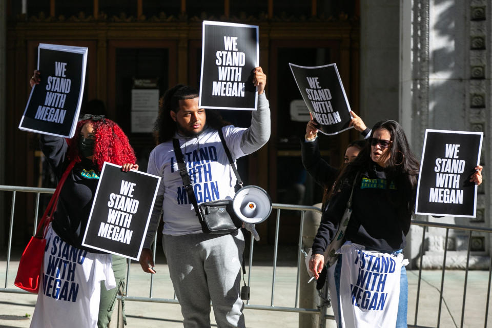 Supporters rally in support of Megan Thee Stallion outside the courthouse in Los Angeles on Dec. 13, 2022.