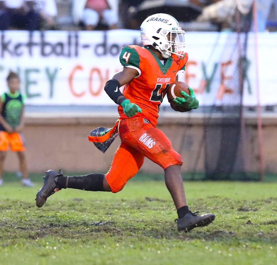 Eastside Rams receiver Antonio Hubbert (4) runs with the ball after making a kick return during a football game against the Buchholz Bobcats at Citizens Field in Gainesville FL. Sept. 9, 2022.