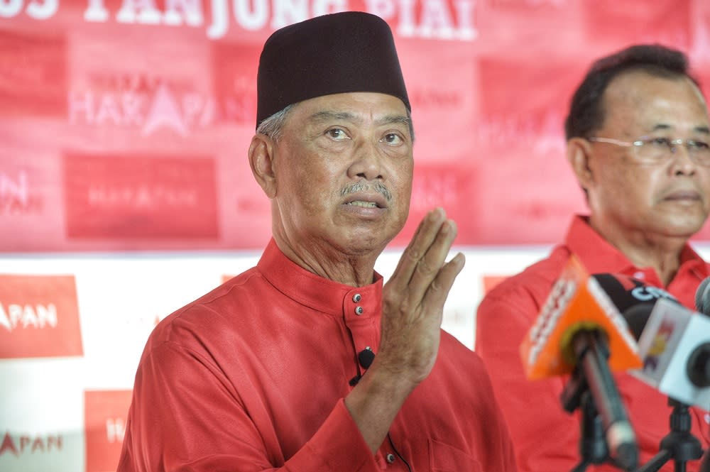 PPBM president Tan Sri Muhyiddin Yassin speaks to reporters during a press conference at the Pakatan Harapan operation room in Tanjung Piai November 15, 2019. — Picture by Shafwan Zaidon