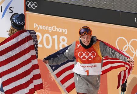 Freestyle Skiing - Pyeongchang 2018 Winter Olympics - Men's Ski Halfpipe Finals - Phoenix Snow Park - Pyeongchang, South Korea - February 22, 2018 - Alex Ferreira of the U.S. celebrates next to compatriot David Wise. REUTERS/Jorge Silva