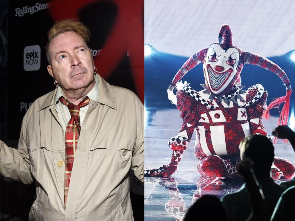 Johnny Rotten, who was unmasked as the Jester (left); The Jester performs on "The Masked Singer" Group A semifinal (right)