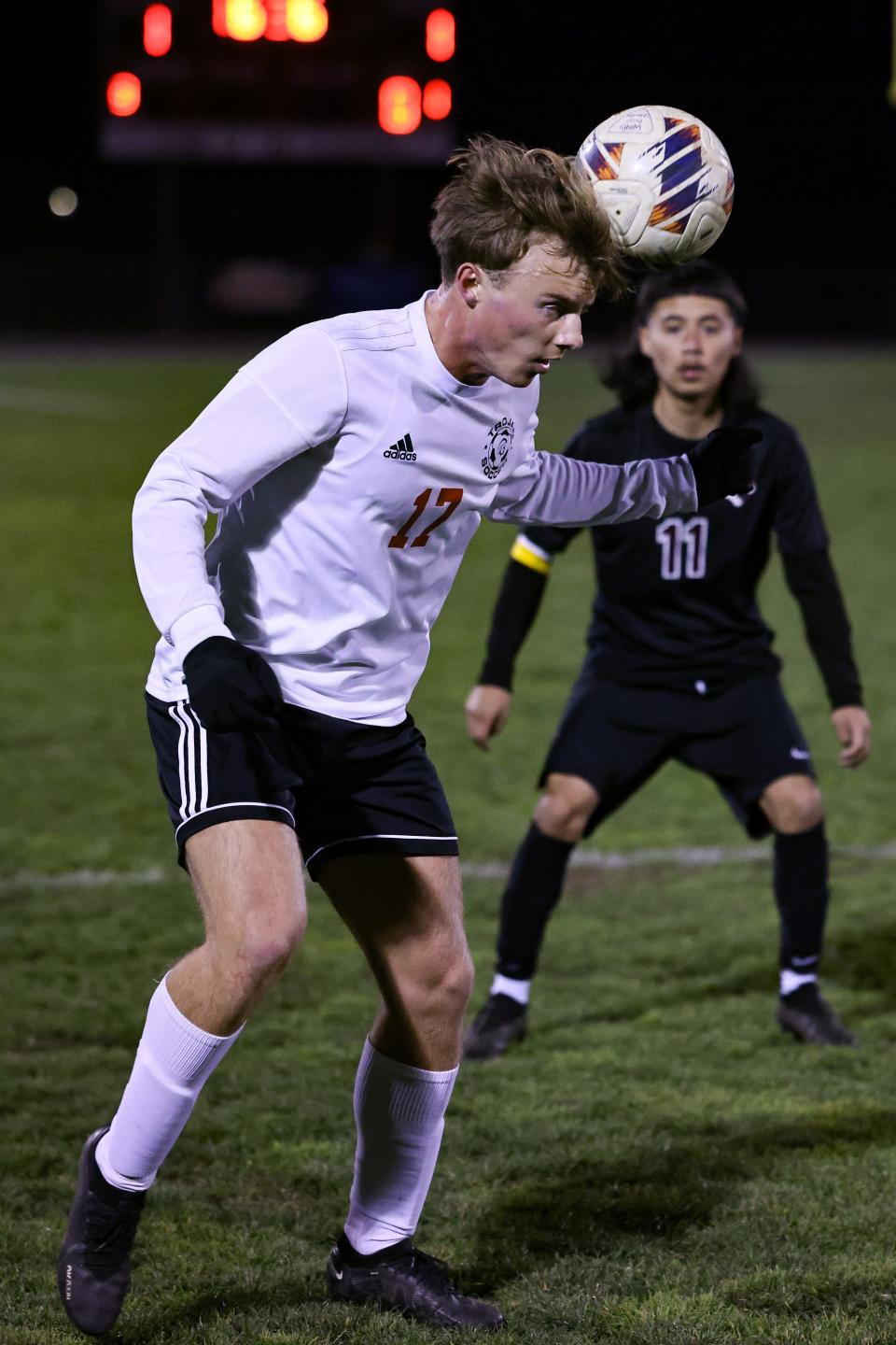 Lincoln forward Dakota Bonilla heads the ball in the right direction during a road game against Weston Ranch in Stockton, CA