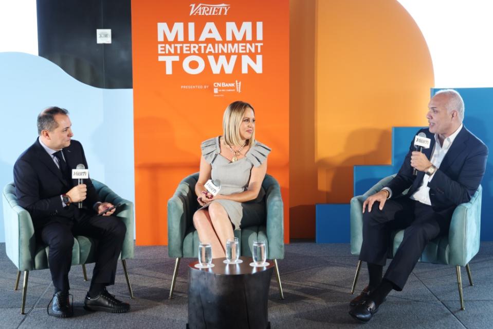 MIAMI, FLORIDA - APRIL 13: Rodrigo Nieto, Karen Barroeta and Ronald Day speak onstage during Variety's Miami Entertainment Town Brunch Presented By CN Bank on April 13, 2023 in Miami, Florida. (Photo by Alexander Tamargo/Variety via Getty Images)