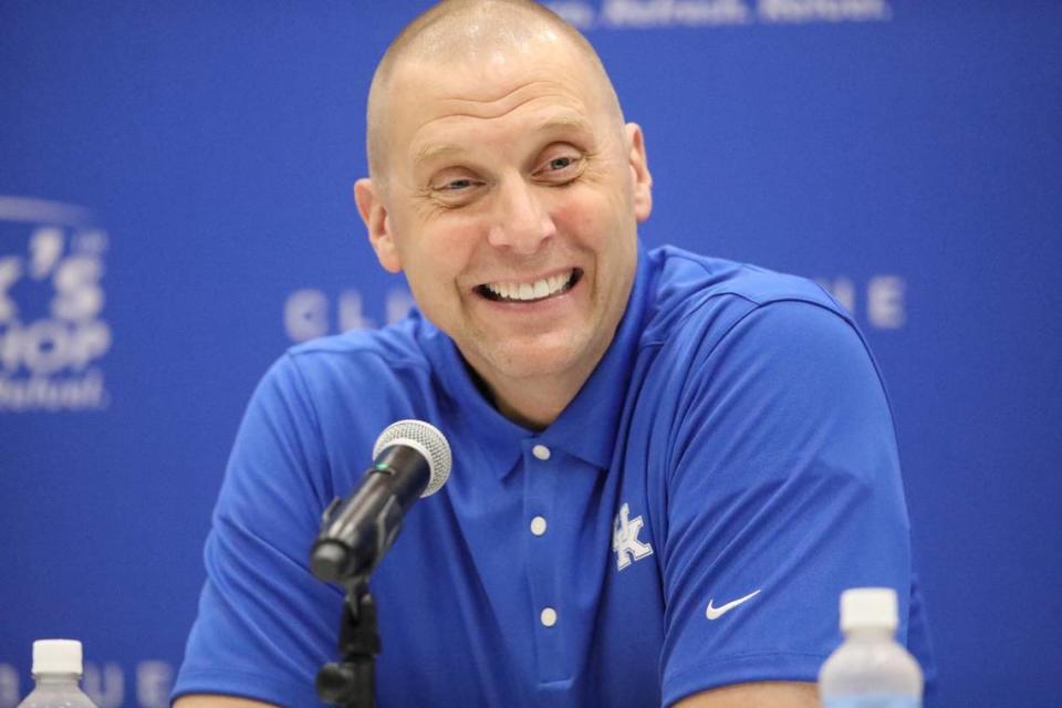 University of Kentucky’s men’s basketball coach Mark Pope talks about his 2024-25 team in front of fans at an NIL event at Alltech Arena on Saturday.