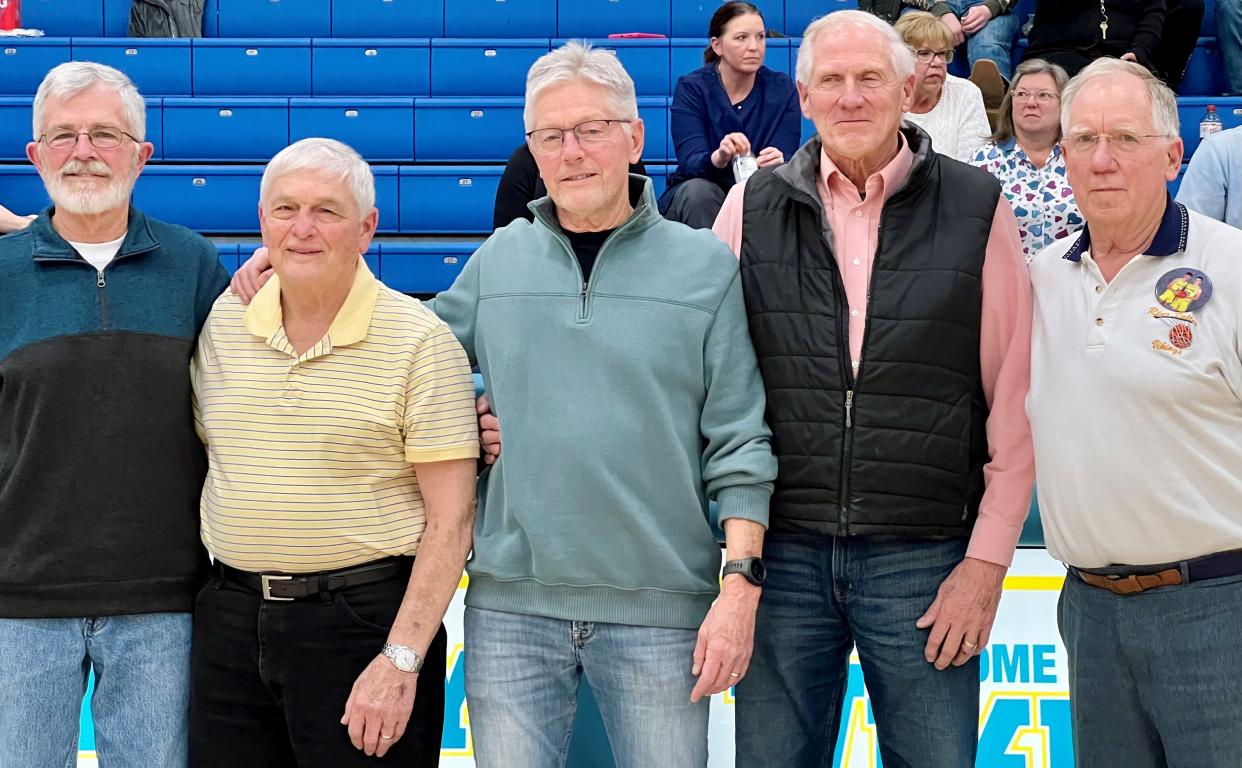 Members of the River Valley boys basketball team from 1963 were honored during Tuesday's home game with Centerburg. Sixty years ago, the Vikings went to the regional finals, still the farthest a boys basketball team has gone in school history and did it in the first year of the school's existence. Shown from left are Dean Chivington, Harry Klingel, Gary Tyo, Bryan Neff and Dick Axline.