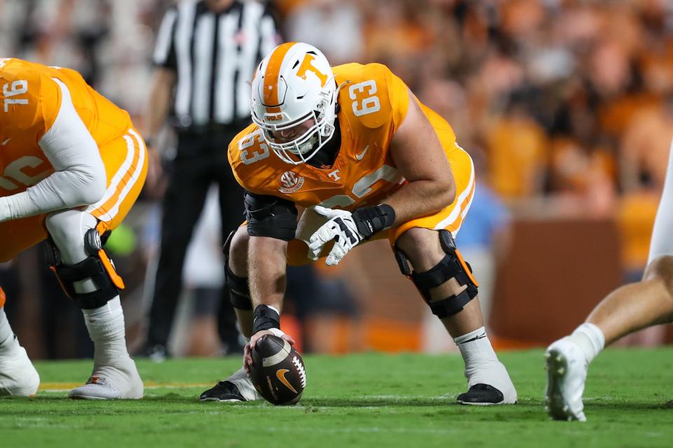 Sep 14, 2024; Knoxville, Tennessee, USA; Tennessee Volunteers offensive lineman Cooper Mays (63) during the game against the Kent State Golden Flashes at Neyland Stadium. Mandatory Credit: Randy Sartin-Imagn Images