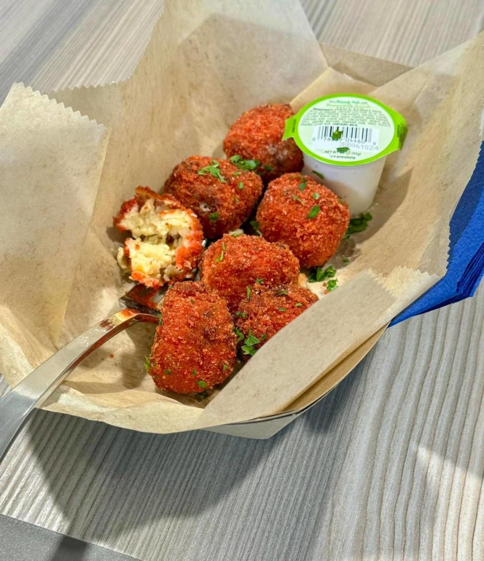 The Flaming Cheetos flavored Mac Bomb is pasta coated in crushed hot cheetos, deep fried and served with cool ranch dipping sauce. 