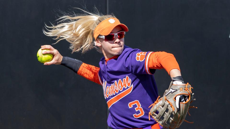 Clemson's Sam Russ (3) makes a throw during an NCAA softball game on Sunday, March 20, 2022, in Durham, N.C. (AP Photo/Ben McKeown)