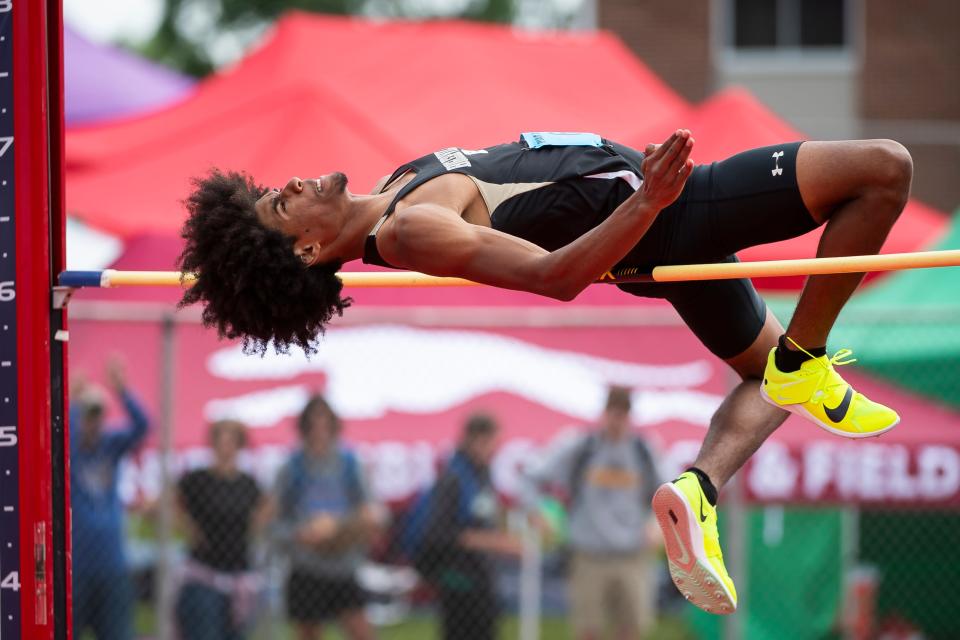 Biglerville's Robert Salazar competes in the 2A high jump at the PIAA District 3 Track and Field Championships at Shippensburg University Friday, May 19, 2023. Salazar won bronze with a mark of 6-1.