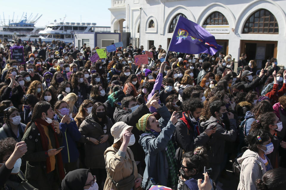 Protesters chant slogans during a demonstration in Istanbul, Saturday, March 27, 2021 against Turkey's withdrawal from Istanbul Convention, an international accord designed to protect women from violence. The Istanbul Convention states that men and women have equal rights and obliges national authorities to take steps to prevent gender-based violence against women, to protect victims and to prosecute perpetrators. Conservative groups and some officials from Turkeys President Recep Tayyip Erdogan's Islamic-oriented ruling party take issue with these terms, saying they promote homosexuality. (AP Photo/Emrah Gurel)