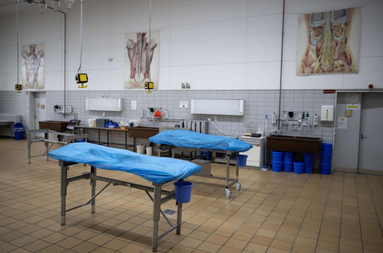 Donors' bodies lie covered in an anatomy lab at the Justus Liebig University in Giessen, Germany. <a href="https://www.gettyimages.com/detail/news-photo/march-2023-hesse-gie%C3%9Fen-couch-with-covered-body-donations-news-photo/1249666093?adppopup=true" rel="nofollow noopener" target="_blank" data-ylk="slk:Sebastian Gollnow/picture alliance via Getty Images;elm:context_link;itc:0;sec:content-canvas" class="link ">Sebastian Gollnow/picture alliance via Getty Images</a>