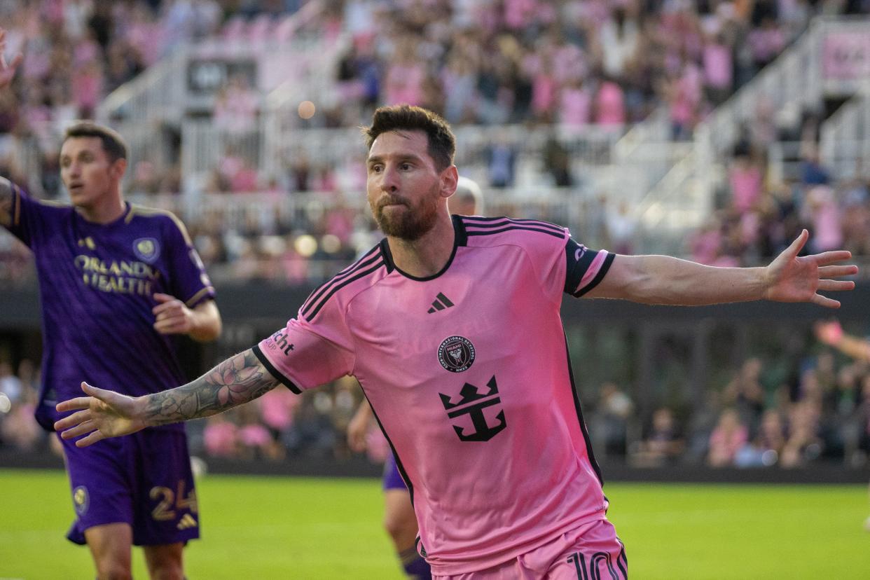 Lionel Messi celebrates after scoring a goal against Orlando City in a 5-0 Inter Miami win on Saturday.