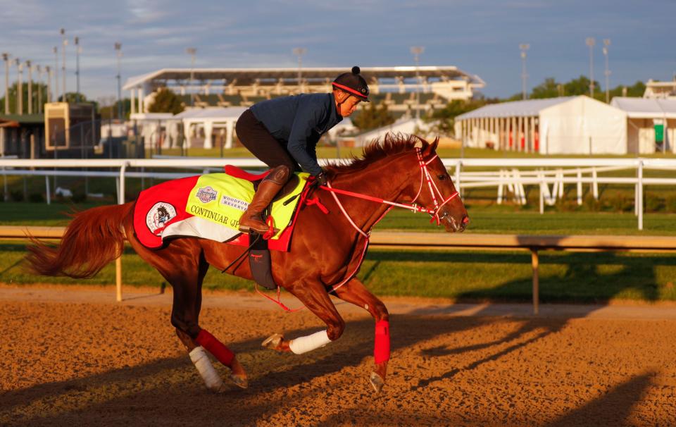Kentucky Derby contender Continuar during a workout on Sunday. April 23, 2023 at Churchill Downs. Continuar placed third in the UAE Derby and first at the Cattleya Stakes in November at the Tokyo Racecourse.