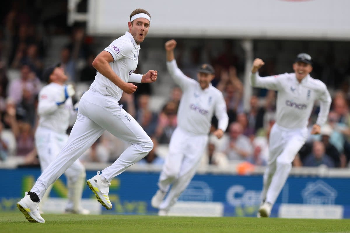 Broad celebrates after taking the wicket of Australia's Travis Head on day two (AFP via Getty Images)
