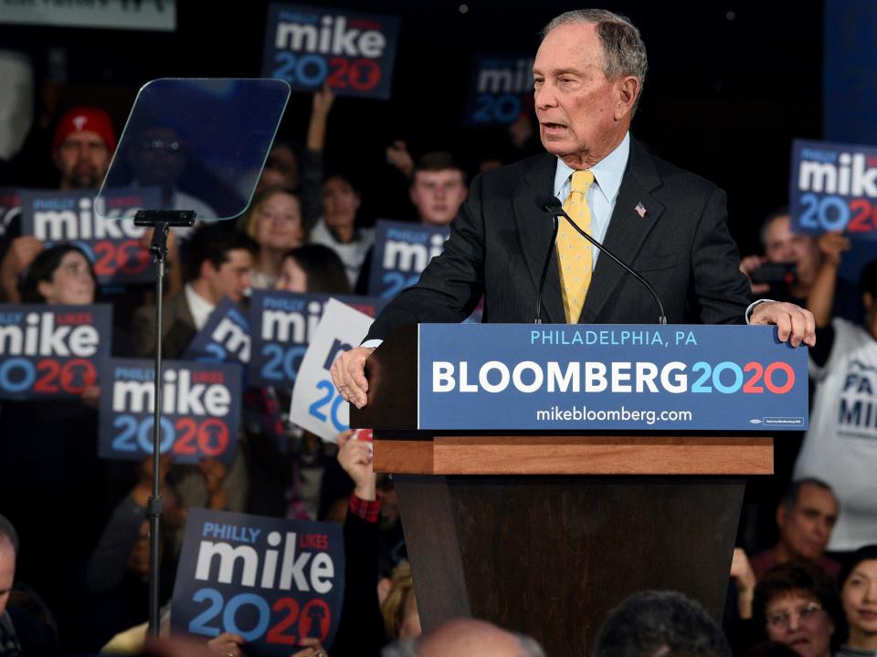 Democratic presidential candidate and former New York City Mayor Michael Bloomberg speaks at a campaign rally at the National Constitution Center in Philadelphia on Tuesday, Feb. 4, 2020. (Tom Gralish/The Philadelphia Inquirer via AP)