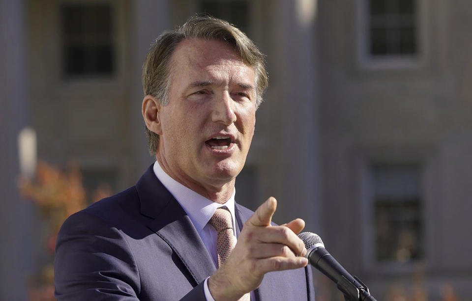 FILE - Virginia Gov. Glenn Youngkin speaks at a news conference Nov. 8, 2023 in Richmond, Va. Youngkin had made clear his expectations for last week's closely watched legislative elections were a GOP majority in the House and Senate. Instead, Democrats have taken both. (AP Photo/Jay Paul, File)