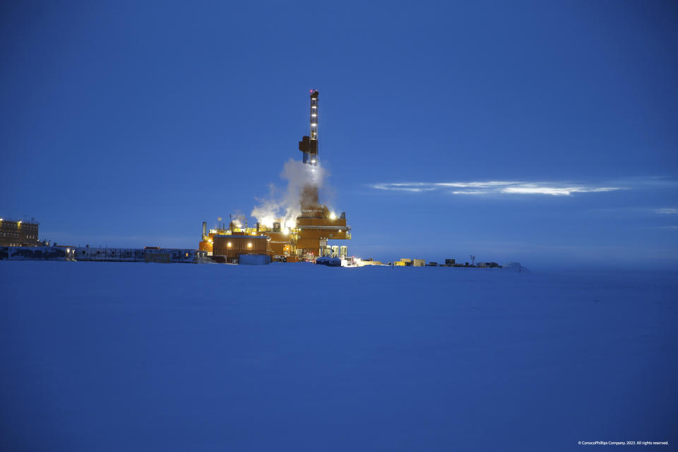 This 2019 photo provided by ConocoPhillips shows an exploratory drilling camp at the proposed site of the Willow oil project on Alaska's North Slope. The Biden administration's approval of the massive oil development in northern Alaska on Monday, March 13, 2023, commits the U.S. to yet another decades-long crude project even as scientists urgently warn that only a halt to more fossil fuel emissions can stem climate change. ConocoPhillips' Willow project was approved Monday and would result in at least 263 million tons of planet-warming gases over 30 years. (ConocoPhillips via AP)