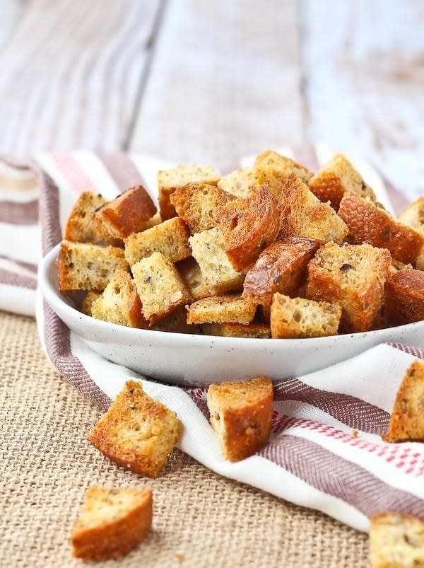 A bowl of croutons