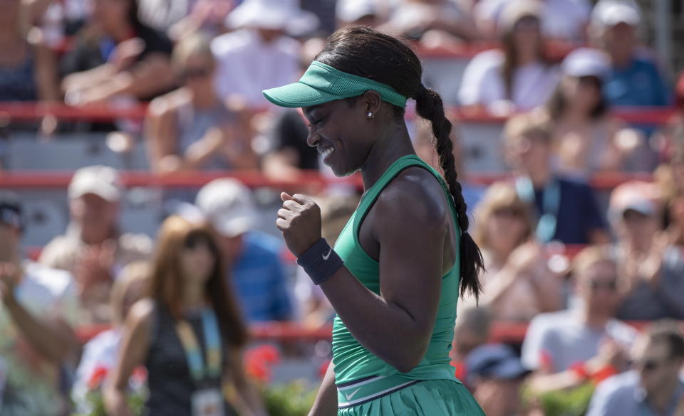 Sloane Stephens of the United States celebrates her victory over Anastasija Sevastova of Latvia during quarterfinals play at the Rogers Cup tennis tournament Friday, Aug. 10, 2018 in Montreal. (Paul Chiasson/The Canadian Press via AP)