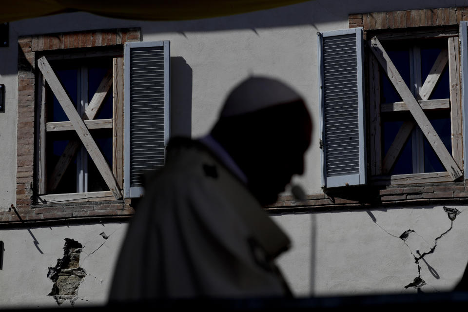 Pope Francis celebrates mass in Camerino, Italy, Sunday, June 16, 2019. The town of Camerino was heavily damaged by the 2016 earthquake that hit the central Italian Marche region. (AP Photo/Gregorio Borgia)