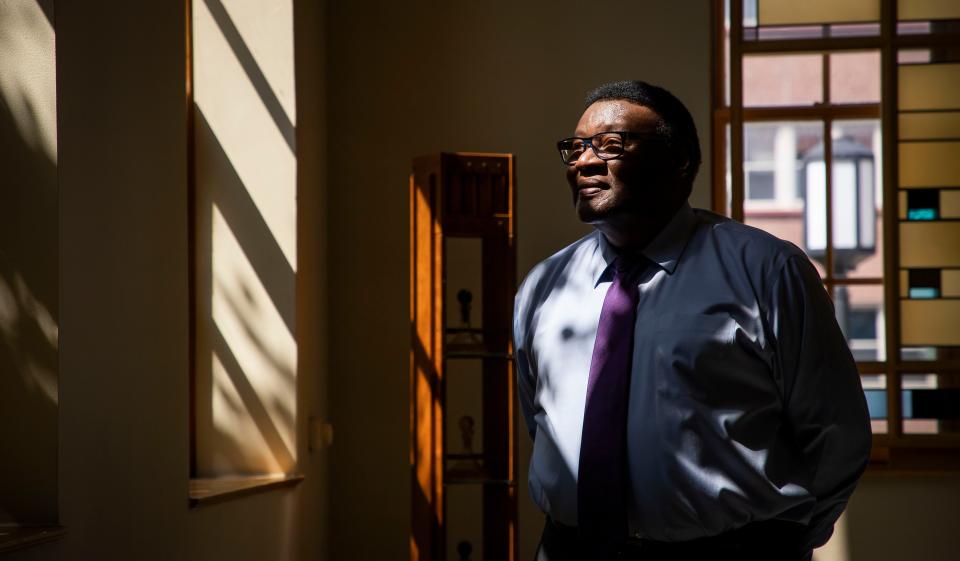 Ike McKinnon in the chapel on the University of Detroit Mercy campus in Detroit, August 19, 2021. Detroit Free Press and the Metropolitan Affairs Coalition have chosen him for a 2021 Shining Light Award. McKinnon, 78 and still working every day, will receive the Neal Shine Award for Exemplary Regional Leadership.