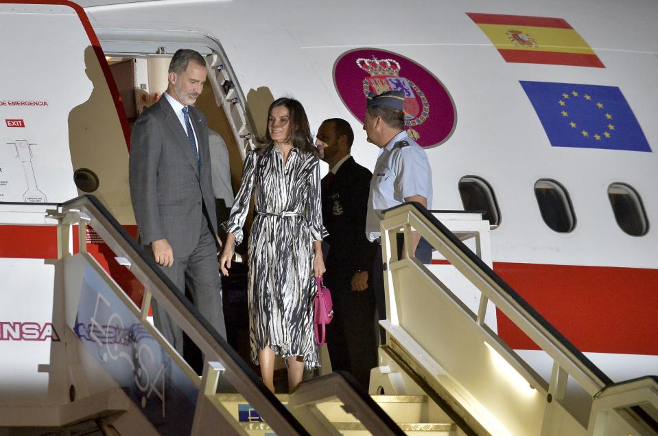 Spain's King Felipe VI and Queen Letizia arrive at the Jose Marti International airport in Havana, Cuba, Monday, Nov. 11. Spanish kings are in Havana in an official visit. (Yamil Lage/Pool photo via AP)