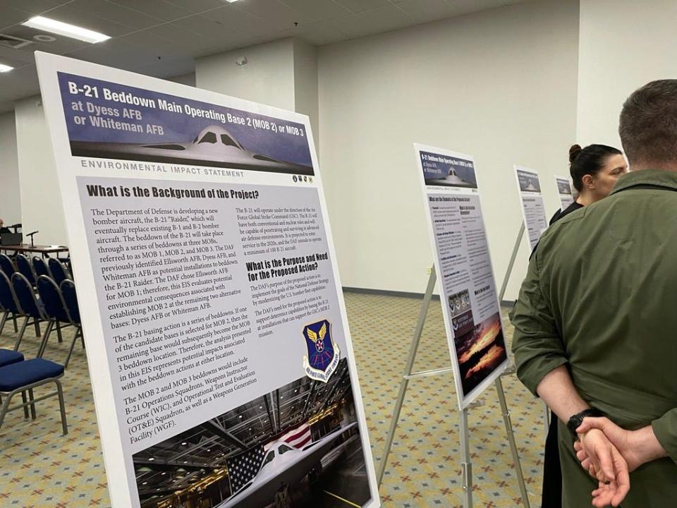 The public were able to talk to airmen in an informal Q&A session at the B-21 public scoping meeting at Abilene Convention Center on Dec. 5. Guests walked around to view posters explaining the environmental analysis of a potential beddown at Dyess Air Force Base.