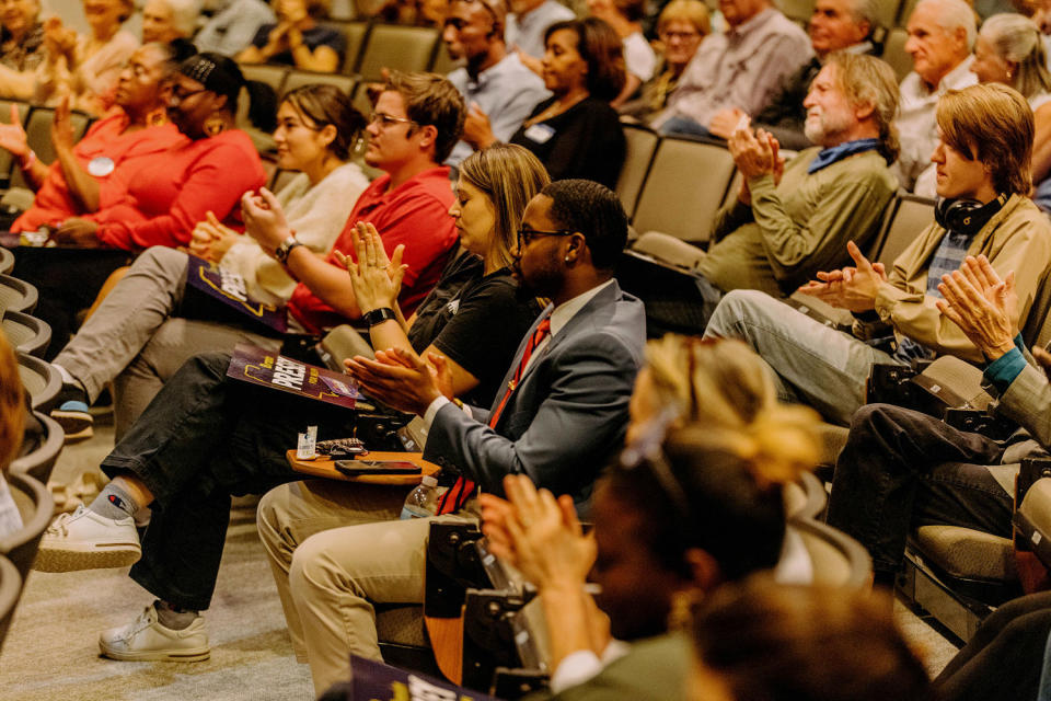 Audience members applaud Democratic candidate Brandon Presley in Oxford, Miss., on Oct. 24, 2023. (Imani Khayyam for NBC)