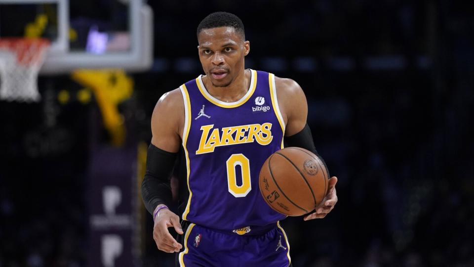 Lakers guard Russell Westbrook controls the ball against the Portland Trail Blazers.