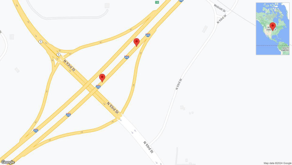 A detailed map that shows the affected road due to 'Broken down vehicle on northbound I-435 in Kansas City' on July 22nd at 2:33 p.m.