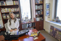 Dr. Amy Attas talks about the equipment she takes with her during house calls while in her office at City Pets, Tuesday, April 23, 2024, in New York. (AP Photo/Mary Altaffer)