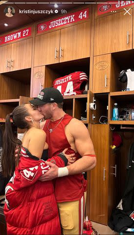 <p>Kristin Juszczyk/Instagram</p> Kyle and Kristin Juszczyk share a kiss after the NFC Championship game