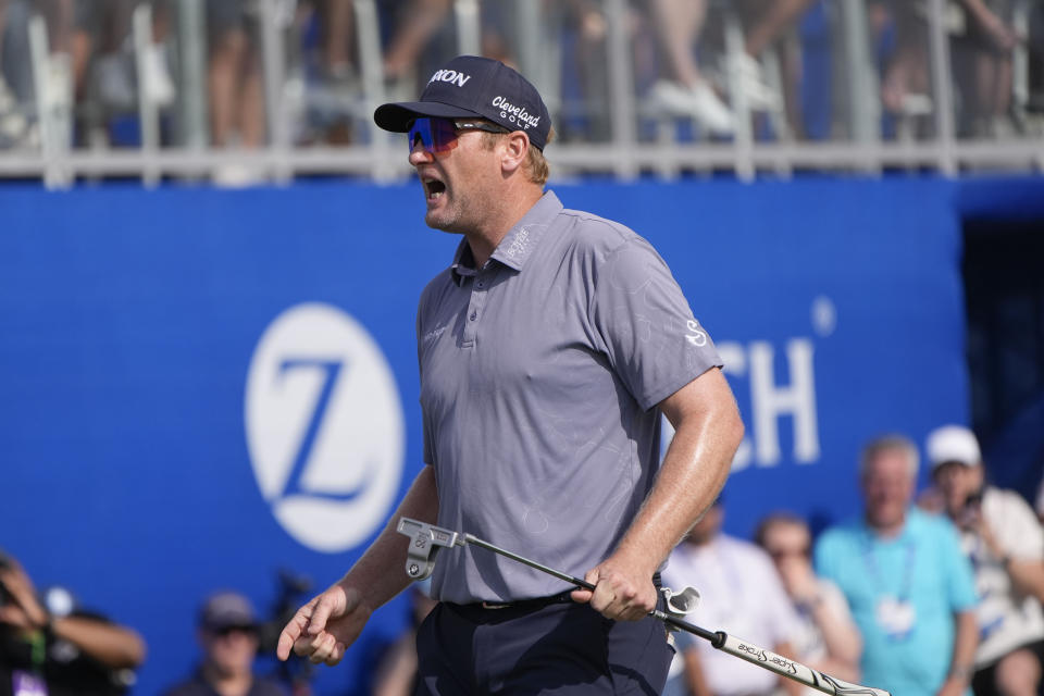 Ryan Brehm reacts after missing a putt on the 18th green during the final round of the PGA Zurich Classic golf tournament at TPC Louisiana in Avondale, La., Sunday, April 28, 2024. (AP Photo/Gerald Herbert)