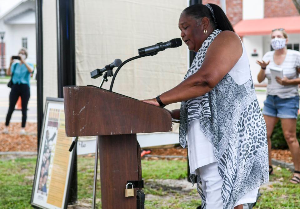 Phyllis Jones-Washington, granddaughter of Rosa L. Jones, speaks during the dedication of a mural to local activist and educator Rosa L. Jones in Cocoa Village Saturday, Aug 14, 2021. Craig Bailey/FLORIDA TODAY via USA TODAY NETWORK