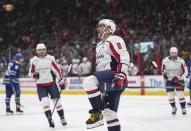 Washington Capitals' Alex Ovechkin celebrates his first goal against the Vancouver Canucks during the first period of an NHL hockey game Tuesday, Nov. 29, 2022, in Vancouver, British Columbia. (Darryl Dyck/The Canadian Press via AP)