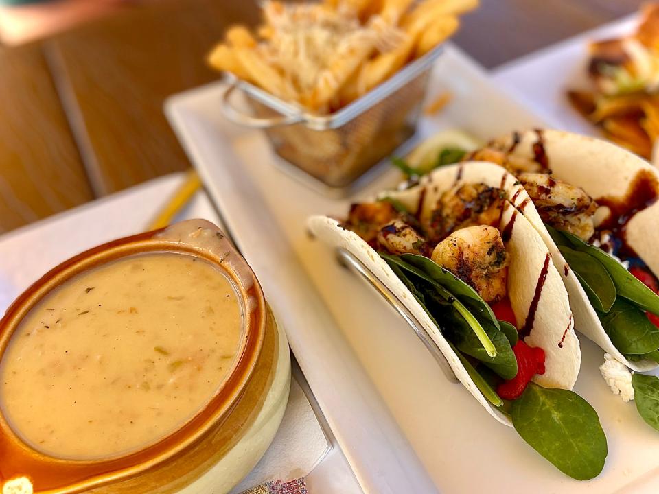 Fresh chowder and pesto-grilled shrimp tacos from Golden Lion Café in Flagler Beach.