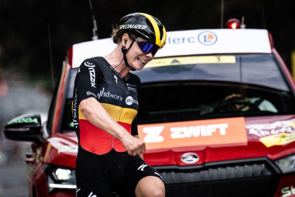 Team SD Worxs Belgian rider Lotte Kopecky reacts as she crosses the finish line to win the first stage out of 8 of the second edition of the Womens Tour de France cycling race 124 km around ClermontFerrand in the PuydeDome department of central France on July 23 2023 Photo by Jeff PACHOUD  AFP Photo by JEFF PACHOUDAFP via Getty Images