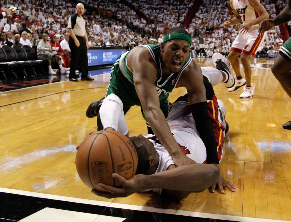 Paul Pierce #34 of the Boston Celtics attempts to block a pass from Dwyane Wade #3 of the Miami Heat in the third quarter in Game Seven of the Eastern Conference Finals in the 2012 NBA Playoffs on June 9, 2012 at American Airlines Arena in Miami, Florida. (Photo by Mike Ehrmann/Getty Images)