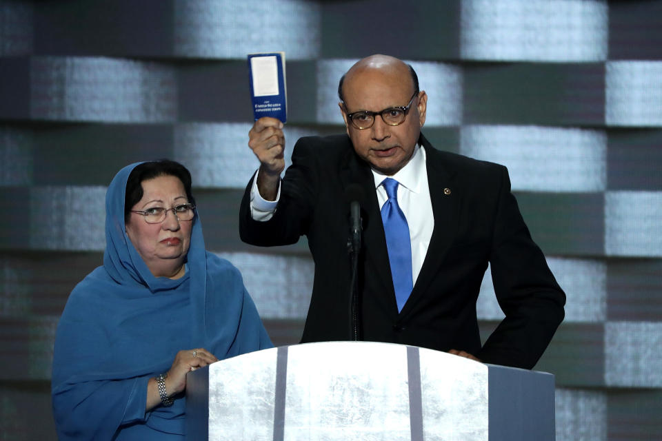 Khizr Khan, father of deceased Muslim U.S. Soldier Humayun S. M. Khan, holds up a booklet of the US Constitution as he delivers remarks on the fourth day of the Democratic National Convention at the Wells Fargo Center, July 28, 2016 in Philadelphia, Pennsylvania. Democratic presidential candidate Hillary Clinton received the number of votes needed to secure the party's nomination. An estimated 50,000 people are expected in Philadelphia, including hundreds of protesters and members of the media. The four-day Democratic National Convention kicked off July 25.&nbsp;