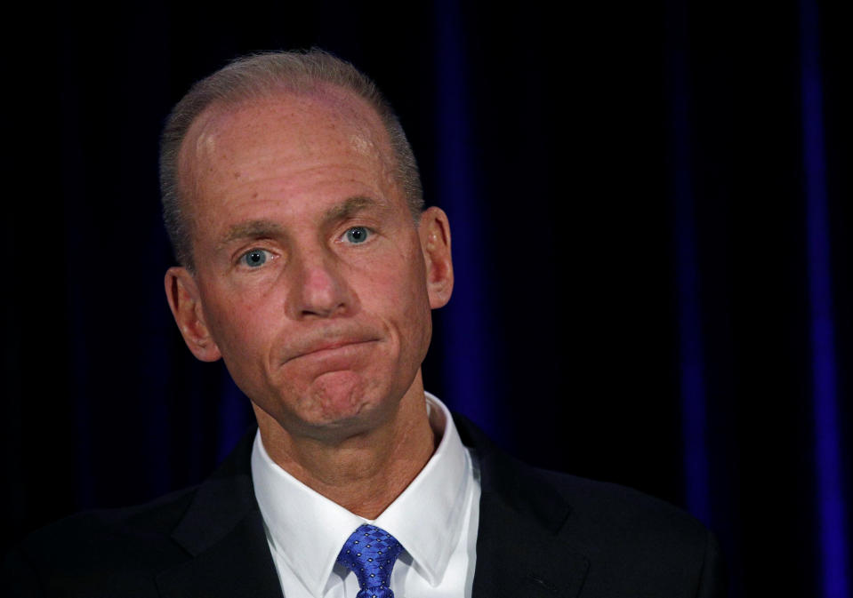 Boeing Co Chief Executive Dennis Muilenburg pauses while speaking at a news conference at the annual shareholder meeting in Chicago, Illinois, U.S., April 29, 2019. 