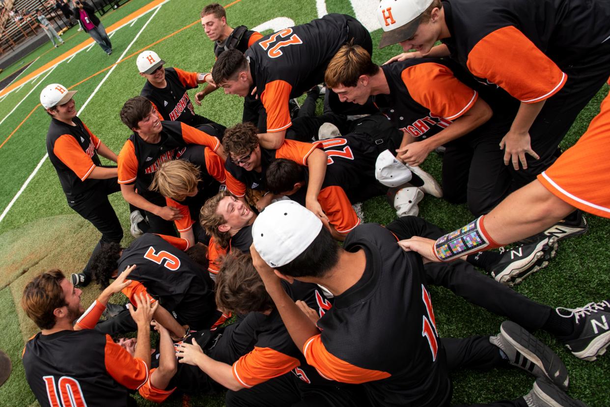 Hasbrouck Heights High School baseball team plays Kinnelon at home on Friday June 11, 2021. Hasbrouck heights celebrates after they beat Kinnelon 6-2.