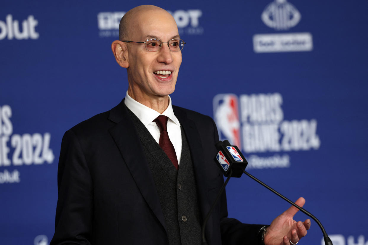 NBA commissioner Adam Silver holds a press conference prior to the NBA regular season basketball match between the Cleveland Cavaliers and the Brooklyn Nets at the Accor Arena in Paris on January 11, 2024. (Photo by EMMANUEL DUNAND / AFP) (Photo by EMMANUEL DUNAND/AFP via Getty Images)