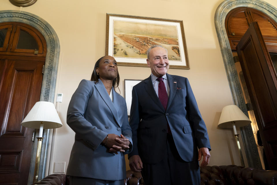 Senate Majority Leader Chuck Schumer, D-N.Y., meets with Laphonza Butler before she is sworn in to succeed the late Sen. Dianne Feinstein, D-Calif., Tuesday, Oct. 3, 2023, on Capitol Hill in Washington. (AP Photo/Stephanie Scarbrough)